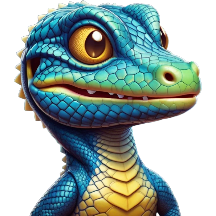Cinematic Comical Monitor Lizard Portrait Emoji, Head tilted dramatically with an exaggeratedly shocked expression, featuring a robust, patterned body with wide, comically expressive eyes full of humorous disbelief, Simplified yet hilariously expressive features, highly detailed, glowing with a slightly sassy glow, high shine, dramatic yet playful, stylized with an air of quirky reptilian attitude, soft glowing outline, capturing the essence of a meme-worthy monitor lizard that looks ready to side-eye its way into viral fame! emoji