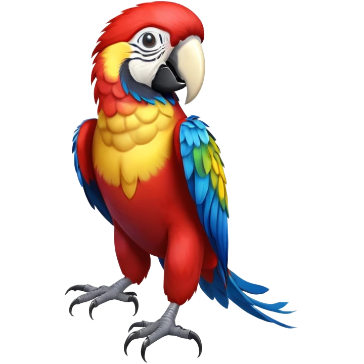 cinematic-macaw-realistic-full-body-standing-emoji,-vibrant-feathers-glowing-with-rich-reds,-blues,-and-yellows,-head-tilted-dramatically,-curved white-beak-gleaming,-piercing-dark-eyes-exuding-confidence,-simplified-yet-realistic-focused emoji