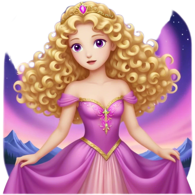 Cinematic Stunning Aurora Portrait Emoji, Ethereal in her flowing pink gown, golden curls shimmering, soft violet eyes filled with serenity, an enchanting glow surrounding her, capturing the beauty of a princess lost in a dream! emoji