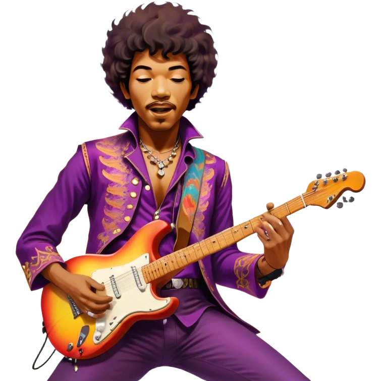 Icon for Rock Music: Jimi Hendrix playing his iconic guitar on stage, surrounded by his band. The design should capture the electrifying energy of his performance with vibrant lighting, swirling colors, and musical intensity. Transparent background. emoji