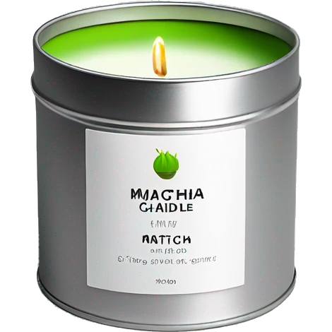 matcha scented candle in a silver tin with a small white label realistic emoji