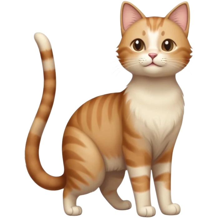 standing cat with tail raised upward, soft brown and beige colors, friendly calm expression, natural pose, warm lighting, flat illustration emoji