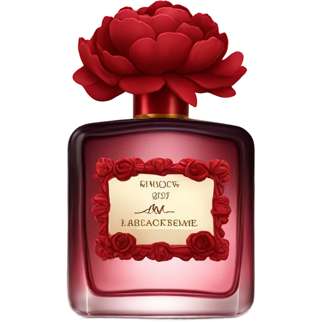 Dark red classic perfume bottle with red peonies and a velvet red bow emoji