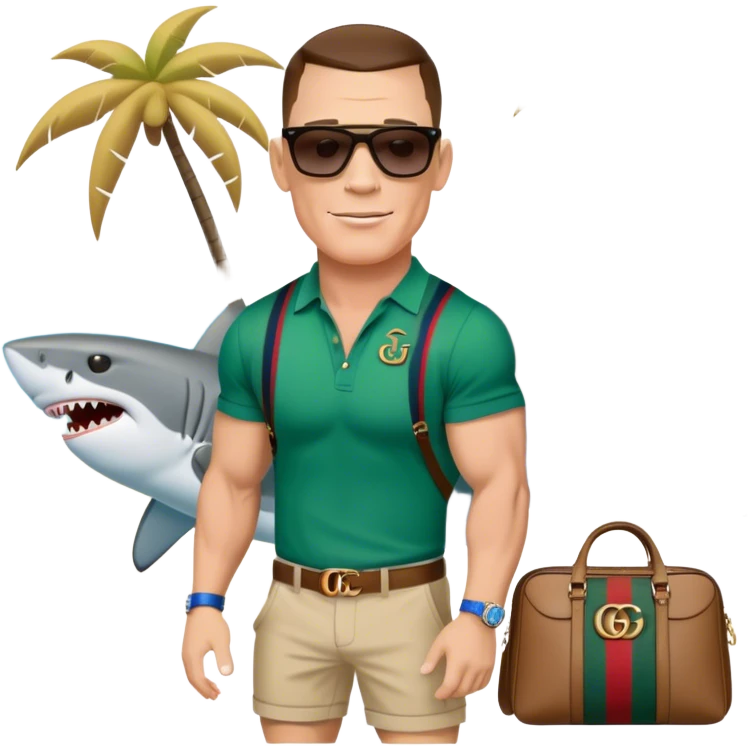 John Cena wearing Gucci sunglasses and a Gucci bag at the beach in Florida on a shark emoji