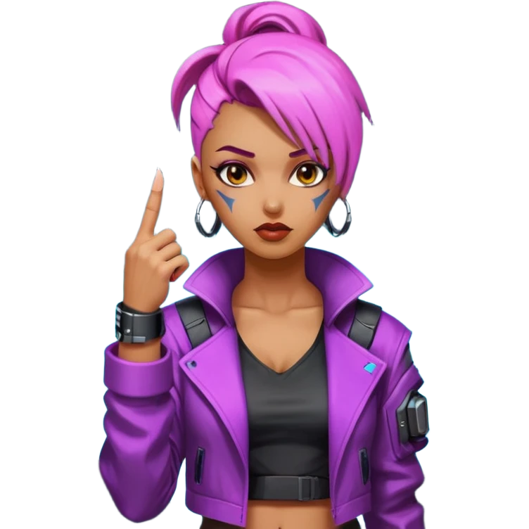 Woman with her tongue out in cyberpunk clothing and giving the middle finger. Looking naughty. emoji