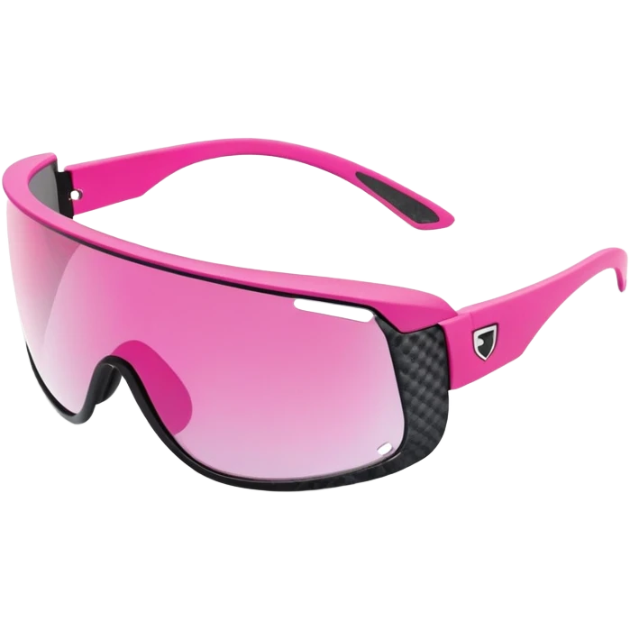 sporty pink shield visor sunglasses with thick frame with carbon fiber appearance, lightweight yet chunky design, substantial build, one-piece lens with hydrophobic coating emoji