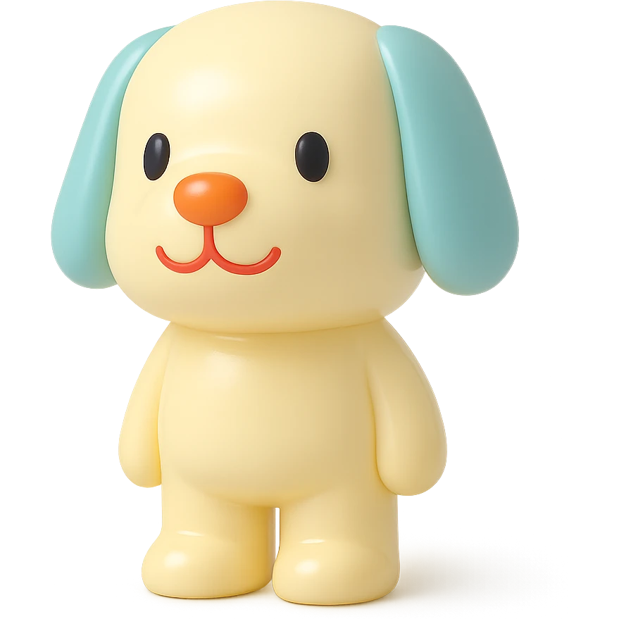               Transform {subject} into a soft vinyl figure with a smooth, glossy surface. The material should look slightly rubbery and tactile, with minimalistic curves and a matte-gloss hybrid finish. Use pastel or soft solid colors. The surface is seamless, with no visible textures or roughness. Studio lighting, vibrant background, clean, playful, designer toy aesthetic and no shadows. {subject} = dog, make sure the mouth has nice outlines emoji