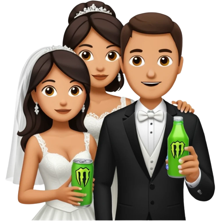 mexican wife in white wedding dress and white husband in wedding suit holding monster energy drink emoji