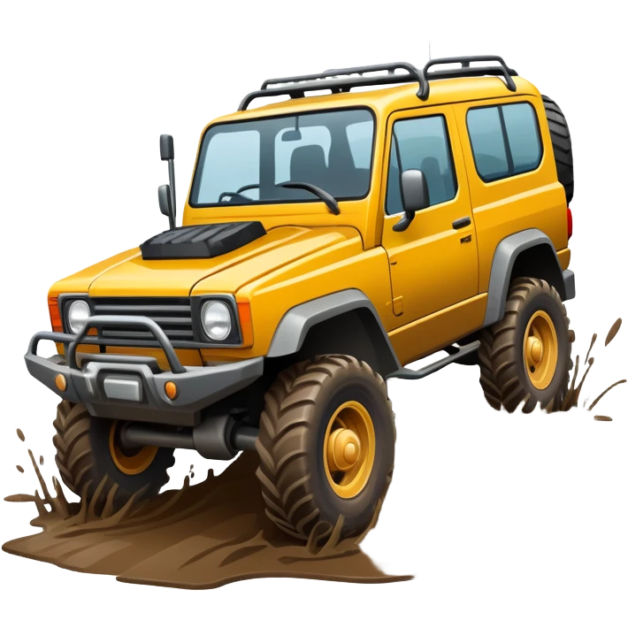An icon showing an off-road vehicle driving through muddy terrain, inspired by Expeditions: A MudRunner Game. The design features splashing mud, rugged tracks, and dynamic movement, symbolizing the challenge of navigating tough landscapes. Transparent background emoji