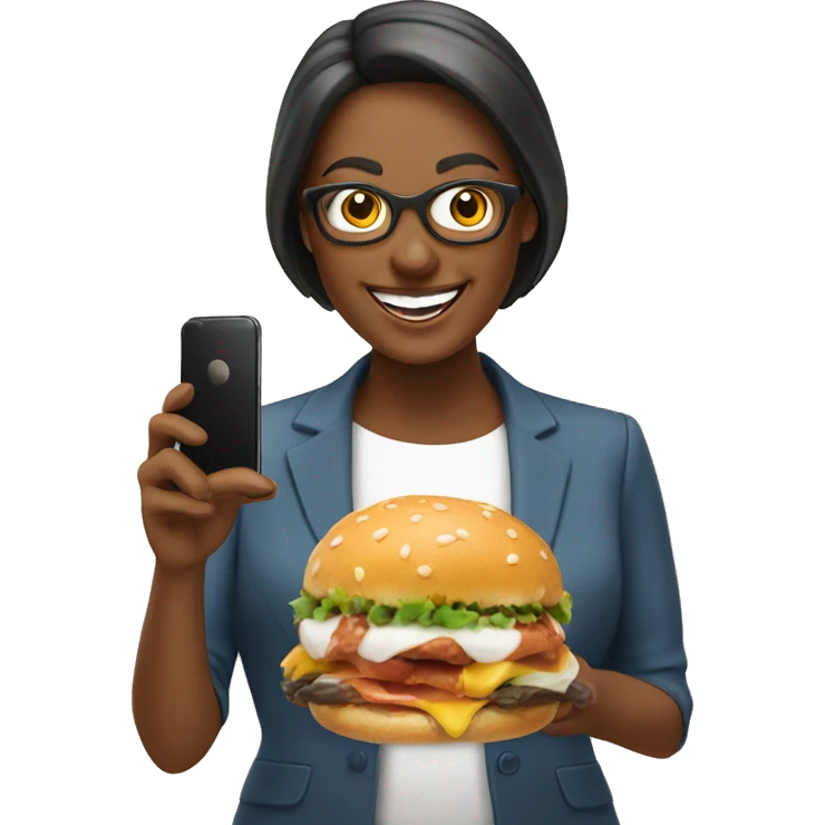 Happy Lady corporate business owner shooting food photos & videos with her phone emoji