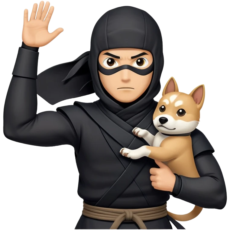 clash-of-clans-aesthetic_-cinematic-mysterious-male-ninja-portrait-emoji, rendered in a flat, vector-style with minimal shading and bold, simplified shapes, his arm is stretched out  with a head slightly turned revealing intense, focused eyes. the ninja is accompanied by a Ninken dog emoji