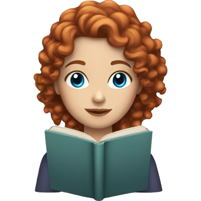 white woman with curly red hair blue eyes and a book emoji