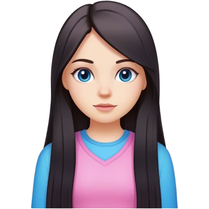 a white girl with straight dark long hair and wear pink and blue cute outfits emoji