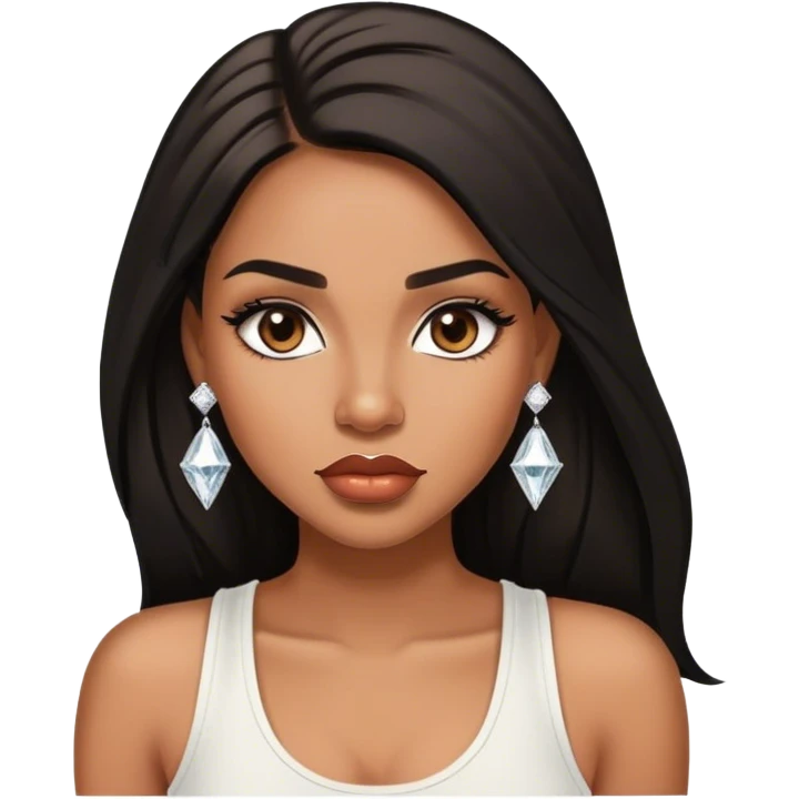 light brown skin tone, very beautiful woman, with big plump lips, long long lashes, black straight long hair, brown eyes, white tank top, diamond stud earrings emoji