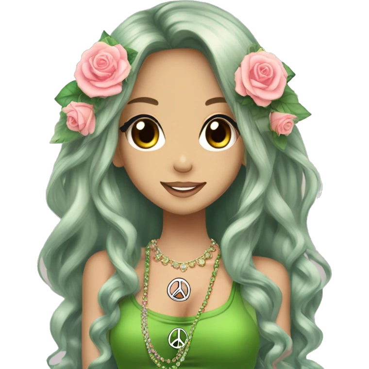 hime gyaru girl, hippie, long brunette hair with roses in hair, crystal jewelry, green top, peace sign hand logo emoji