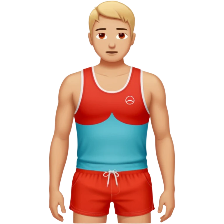 image of person in swimshorts which is sunburned - the skin is red, on the person chest it should be white (as a white outline of a tank top)  emoji
