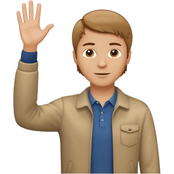 A white man in casual clothes, standing, waving his hand, with light brown hair emoji