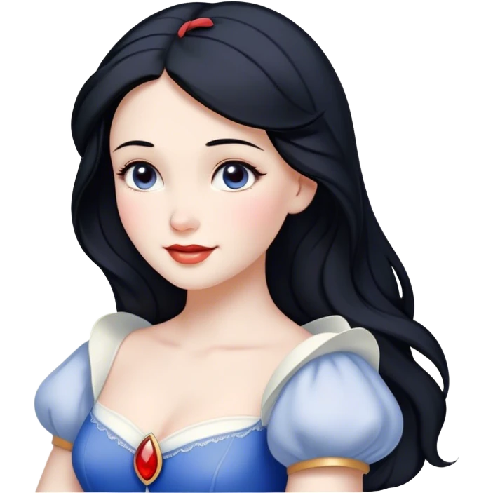 Cinematic Radiant Snow White Portrait Emoji, rendered in a realistic, vector style with clean proportions. Show Snow White with a soft, welcoming smile, delicate porcelain skin, and neatly arranged raven hair, wearing her timeless dress. The image radiates a warm, inviting glow, high shine, and is enhanced by a soft glowing outline that accentuates her gentle beauty. emoji