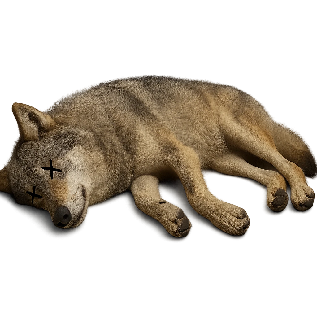 Make the wolf appear dead, lying on its side with cartoon X's for eyes, no blood, keep the exact same photorealistic style and details, transparent background. emoji