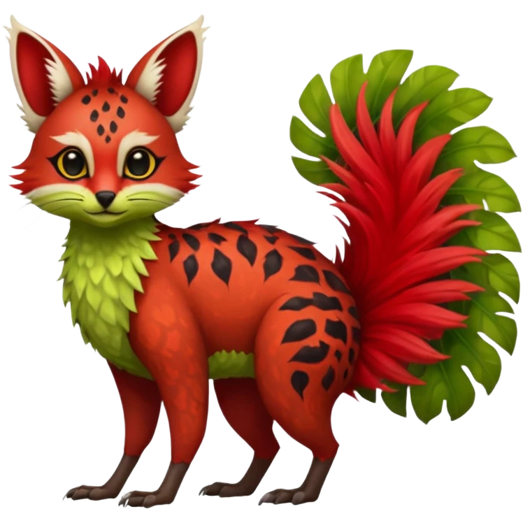 Feral Rare Fantasy vibrant tropical red and sanguine, and lime-collred Vernid-Trico-species-creature by LiLaiRa, random markings, tufted tail, tufted ears, full body emoji