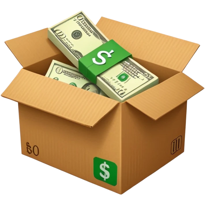 a shipping box with a single green cash bill with a dollar sign on it in front of it emoji
