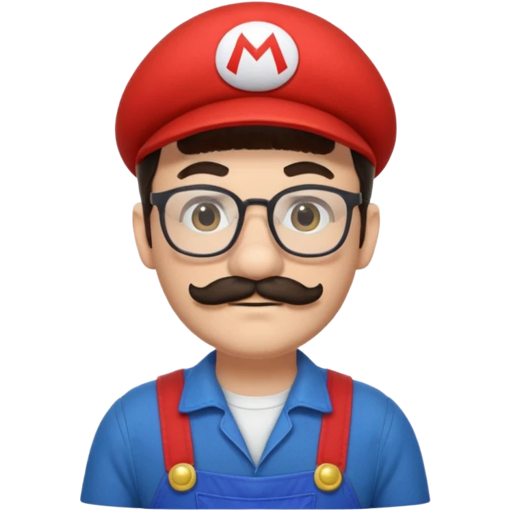 person with glasses, short dark hair, mustache and beard, dressed as Mario from Super Mario emoji