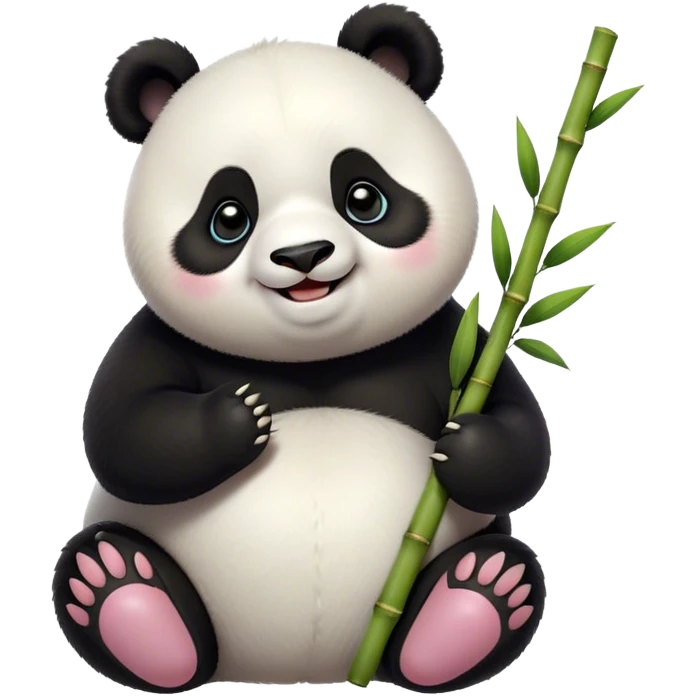 Cinematic smiling chubby panda, fluffy black and white fur, round rosy cheeks, tiny paws holding a bamboo shoot, sparkling eyes full of joy, soft glowing background, irresistibly huggable. emoji