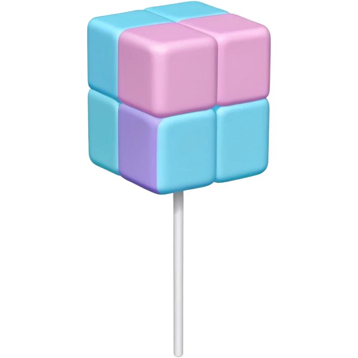 Pastel cube lollipop with stacked blocks like a cotton candy in pink, purple, blue, and cyan. Textured, voxel-style, on a white stick. emoji