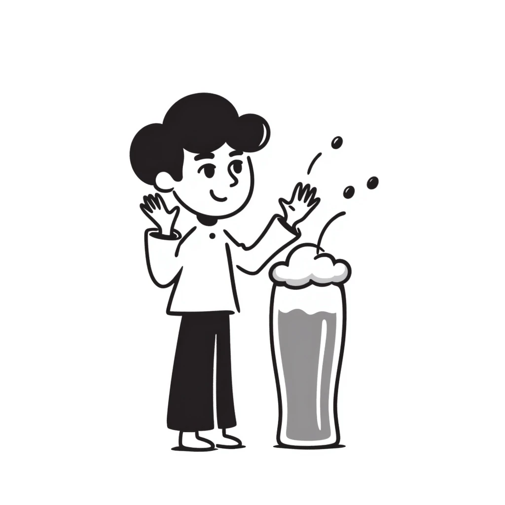 hand-drawn doodle of a beer glass and a friendly waving character, simple and playful emoji