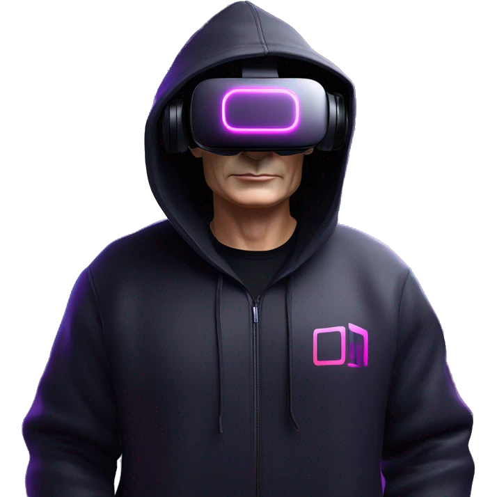 Vladimir Putin wearing a black hoodie with "OMG" letters on it and VR headset oculus quest 2 in a cyberpunk VR environment with violet neon lighting. emoji