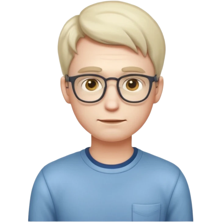 A realistic adult male character with pale skin, soft features, slightly shy expression, slim build, subtle blushing, wearing casual nerdy clothes, standing timidly, styled in a mature, clean, semi-realistic emoji style with soft shading, readable at small icon size emoji