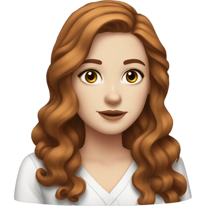 white girl. long wavy auburn hair. Slanted eyes. Black Scrubs. Makeup emoji