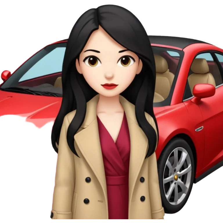 A fast, expensive black car with a young woman beside it The young woman has long black hair, wears a beige formal coat, and underneath is a cherry-colored dress.   emoji