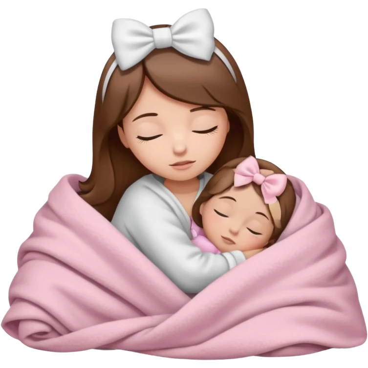 Sleeping child with brown hair wrapped in a light pink blanket with a white bow over the blanket emoji