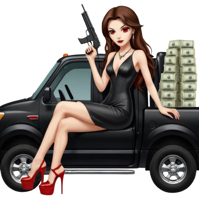 Lilith symbol red eye seductress evil long brown haired sexy succubus woman with leather long dress with slit on, sitting in Big Large F350 pickup truck. Platform long high heels on feet. Back seat full of stacks of cash, she is  Holding a human skull of her enemies in car and a gun in other hand emoji