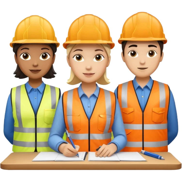group of railway engineers mixed races and genders behind a table emoji