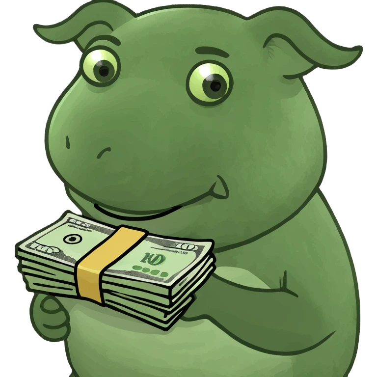 playful and cheeky pig holding a stack of money, referencing the 'paypig' meme emoji