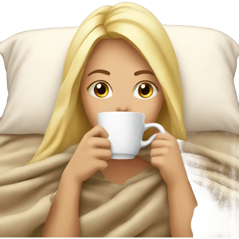 Blonde girl sipping coffee under blanket emoji