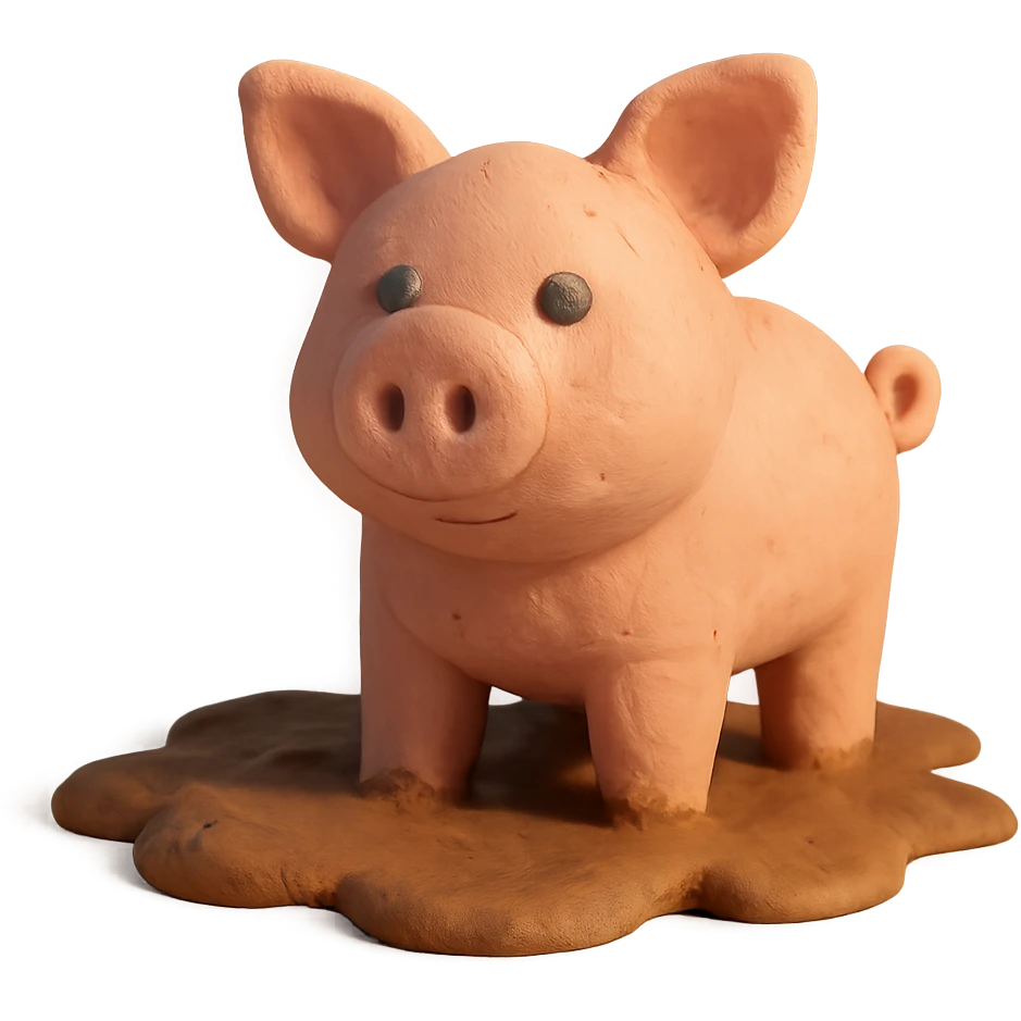 pig standing in mud, pastel colors, visible fingerprints, claymation style emoji