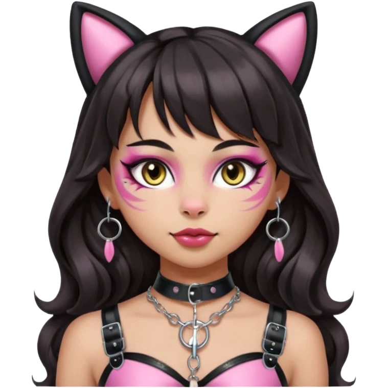 Change the eye makeup to cat eye (winged eyeliner). Only subtle whiskers on cheeks, no apple. Keep bangs, silver O-ring, light-medium Hispanic skin, long dark wavy hair, cat ears, pink BDSM harness. Style: apple emoji style. emoji