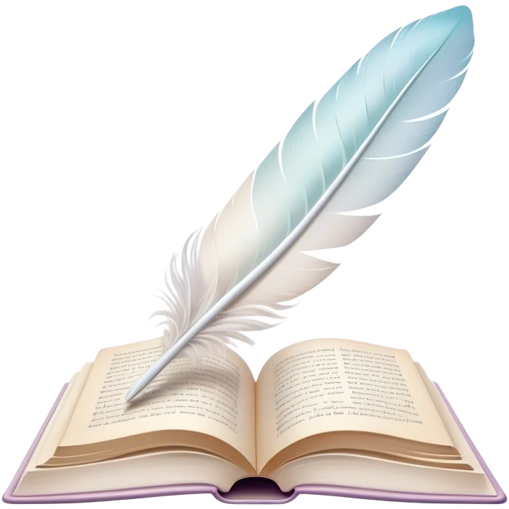 Create a delicate and poetic emoji representing poetry. The design should feature several elegantly flying pages with short poetic columns written on them. The pages should appear light and flowing, almost as if being carried by the wind. Include a white feather gently resting on the pages, symbolizing creativity and inspiration. Use soft, pastel tones to give it a dreamy, artistic feel. The design should feel ethereal and whimsical, capturing the essence of poetry. Make the background transparent. emoji