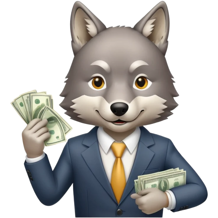 wolf in business suit holding money and stock charts emoji