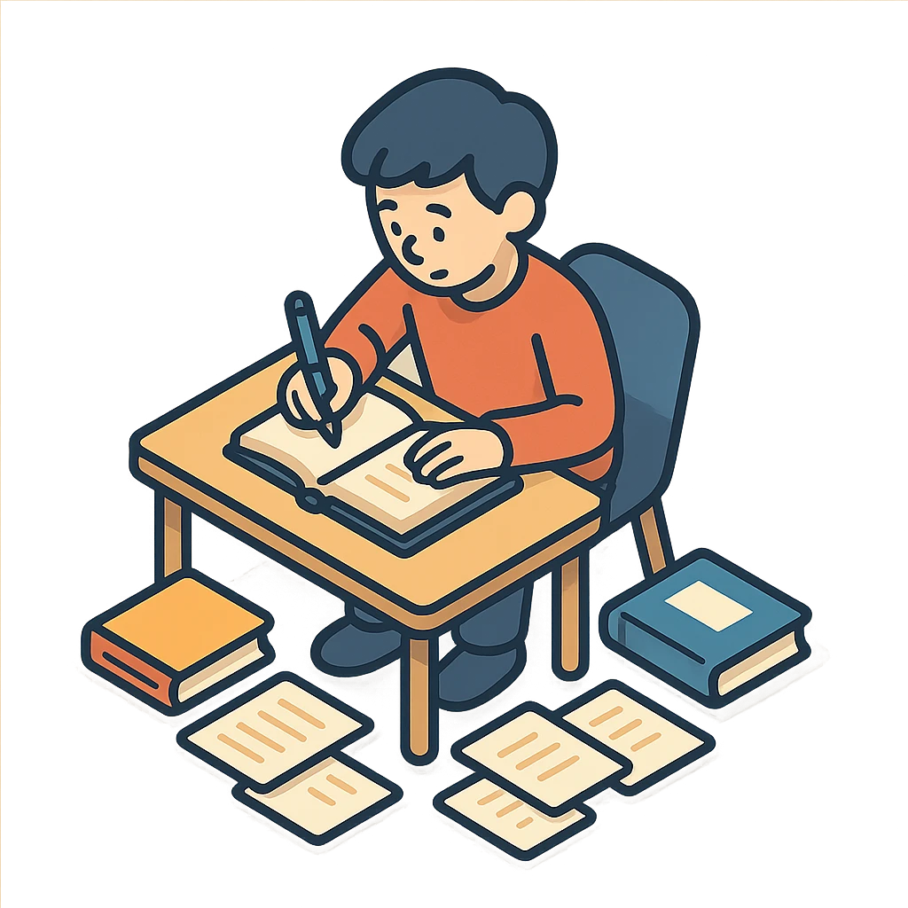 beginner writer, sitting at a desk with a notebook and a pen, surrounded by books and papers emoji