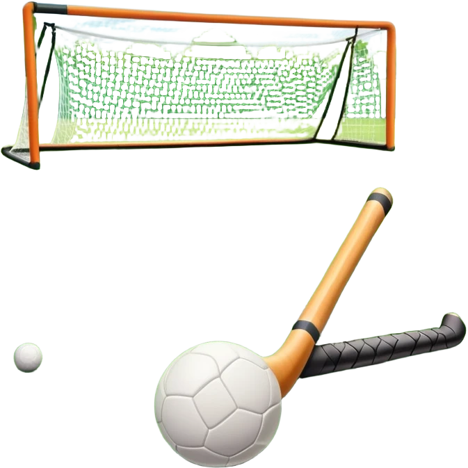 Hockey on grass. A field hockey stick and ball resting on a well-maintained grass field, with the goalposts and markings visible in the background. The scene highlights the precision and focus of the sport, with the vibrant green pitch creating a dynamic atmosphere. emoji