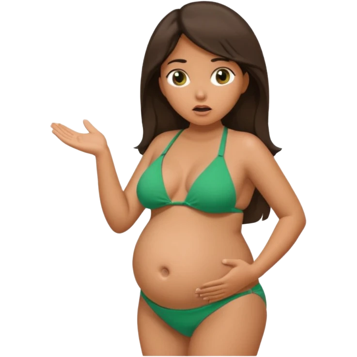 Latina girl, tan skin, pregnant, green bikini, shocked face, shrugging shoulders, huge belly, side view emoji