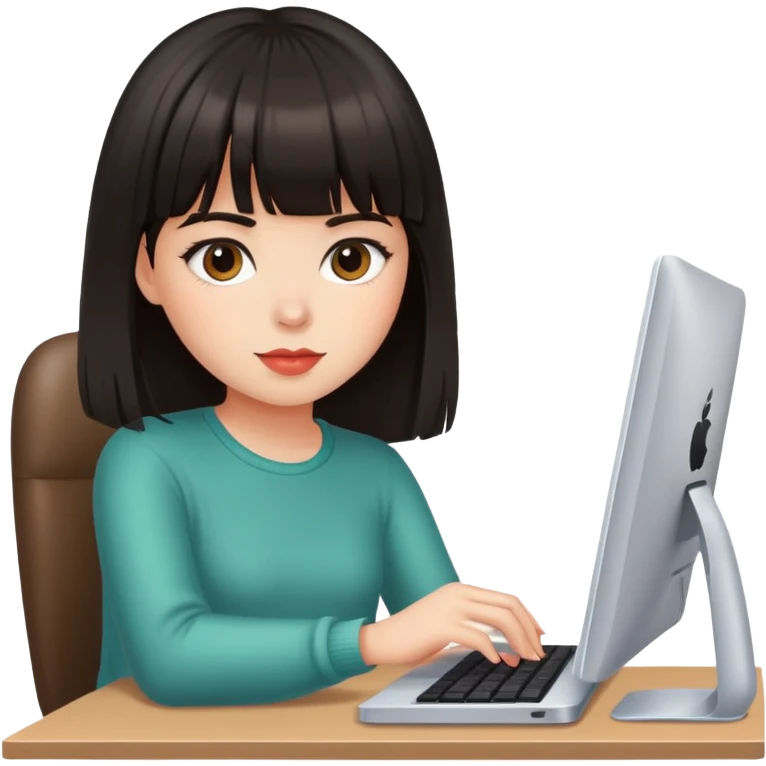 girl with dark hair and bangs sits at apple computer emoji