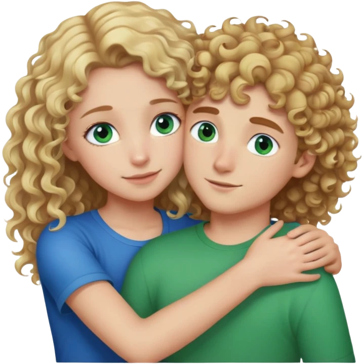 Girl with blond curly hair and blue eyes hugging boy with brown hair and green eyes emoji