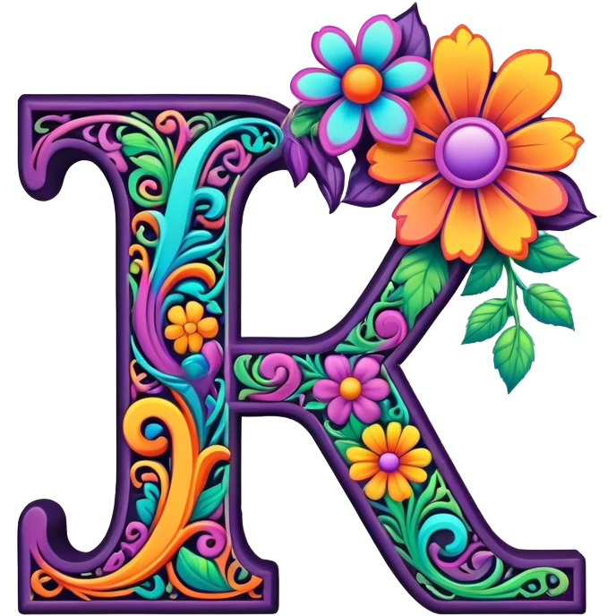 3D, gothic style psychedelic colored Letter “F” with hippie style flower border emoji