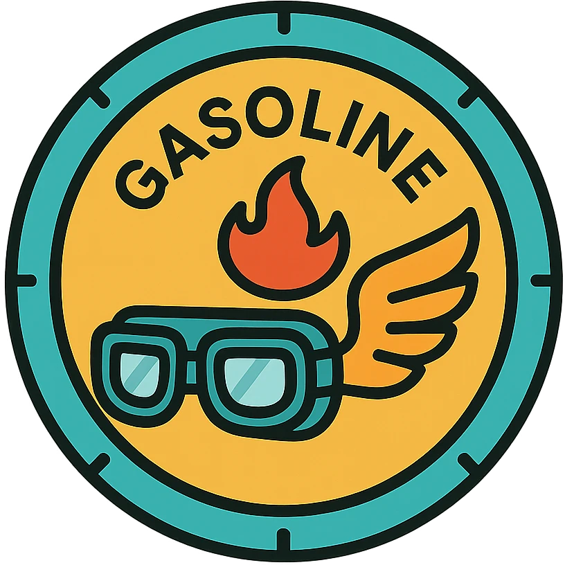 circular motorcycle gas cap design, transparent background, text 'GASOLINE', motif: motorcycle goggles, wing, flame, modern style emoji