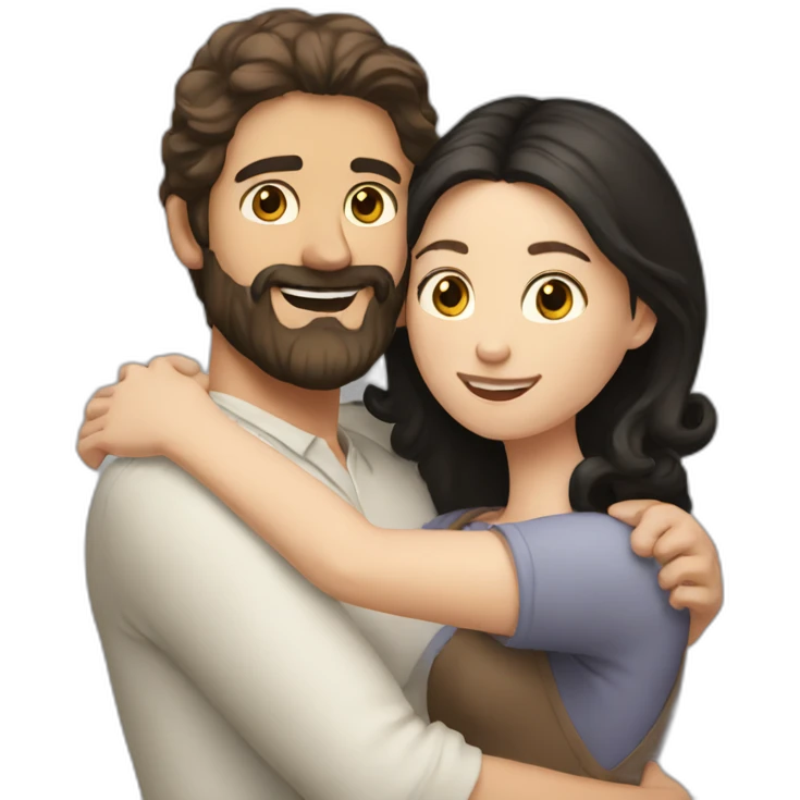 White man BROWN beard and BROWN hair hugging white woman with long black hair emoji